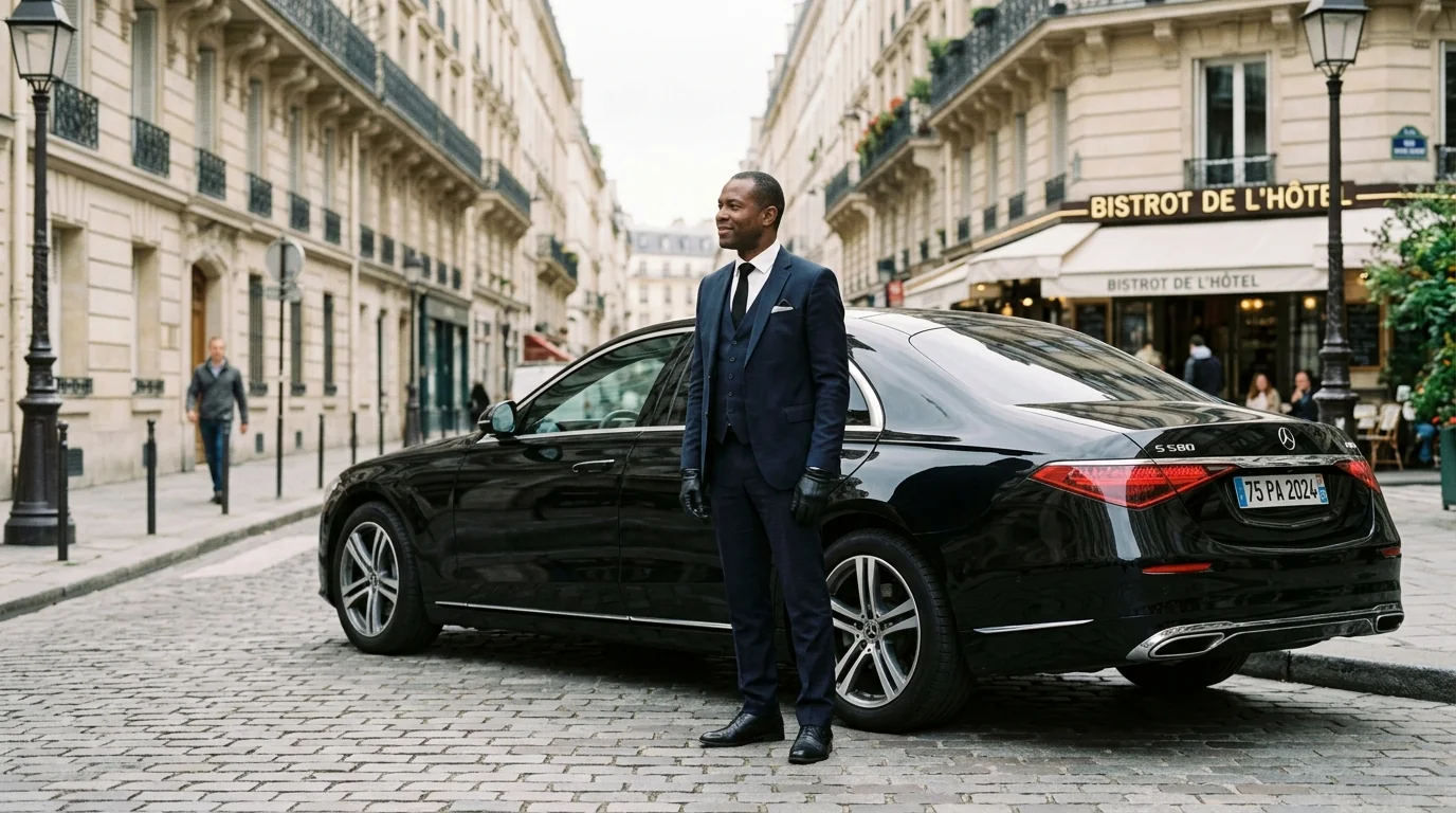 A chauffeur beside a Mercedes S-Class in a Paris street