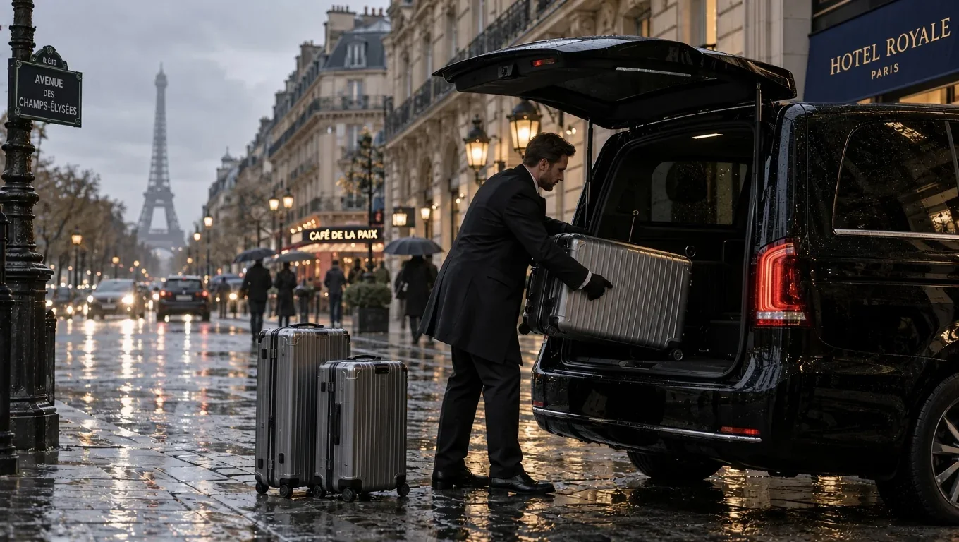 A chauffeur loading suitcases into a V-Class in the rain on a Paris avenue