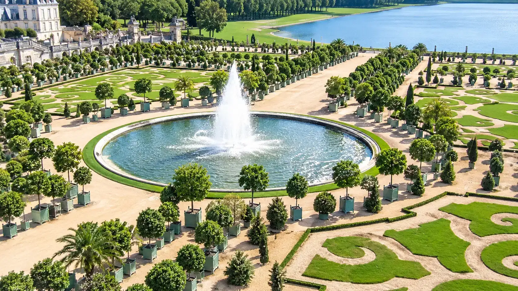 Aerial view of the Versailles gardens, fountain and Grand Canal