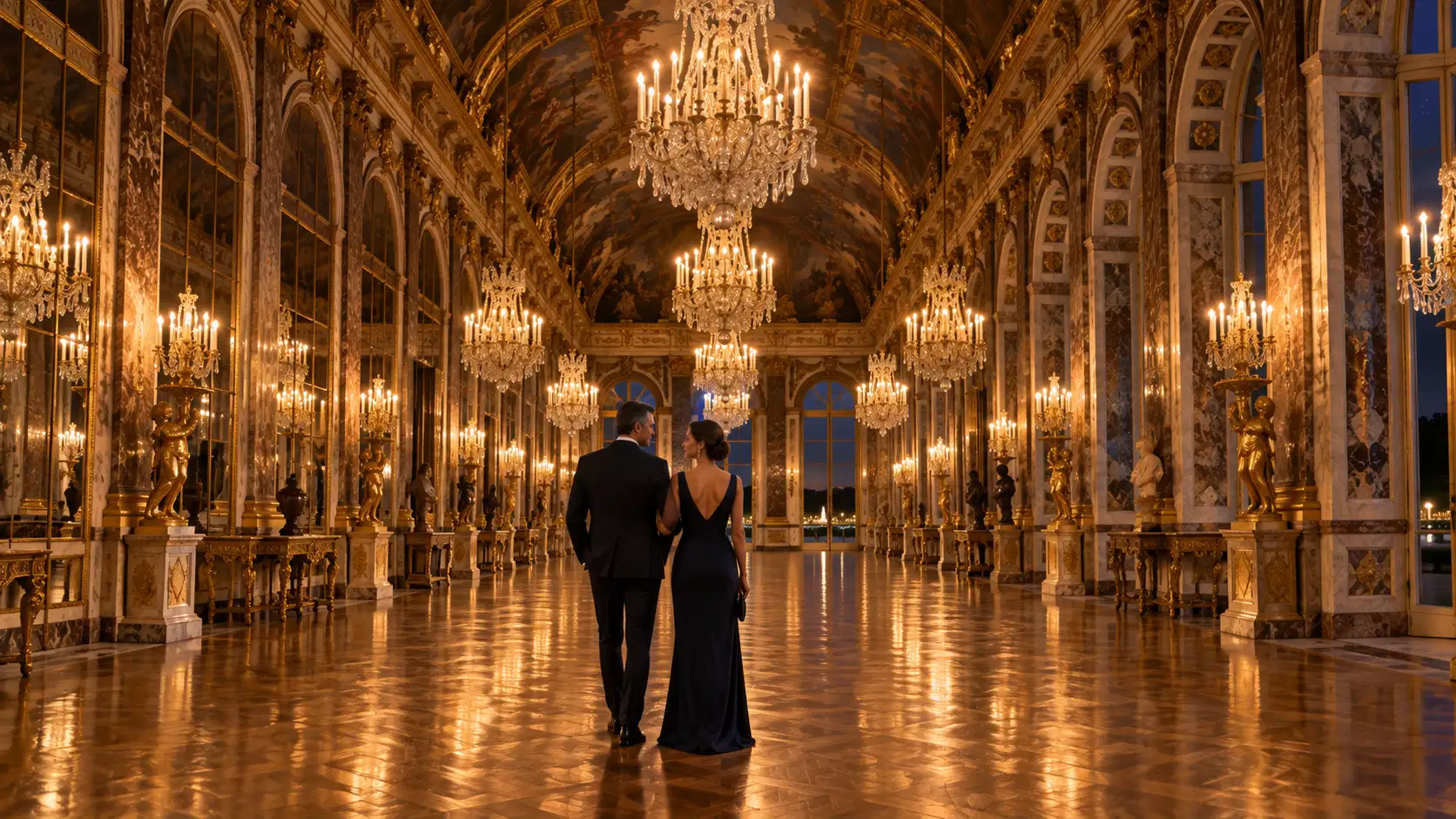 A couple alone in the Hall of Mirrors at Versailles after closing