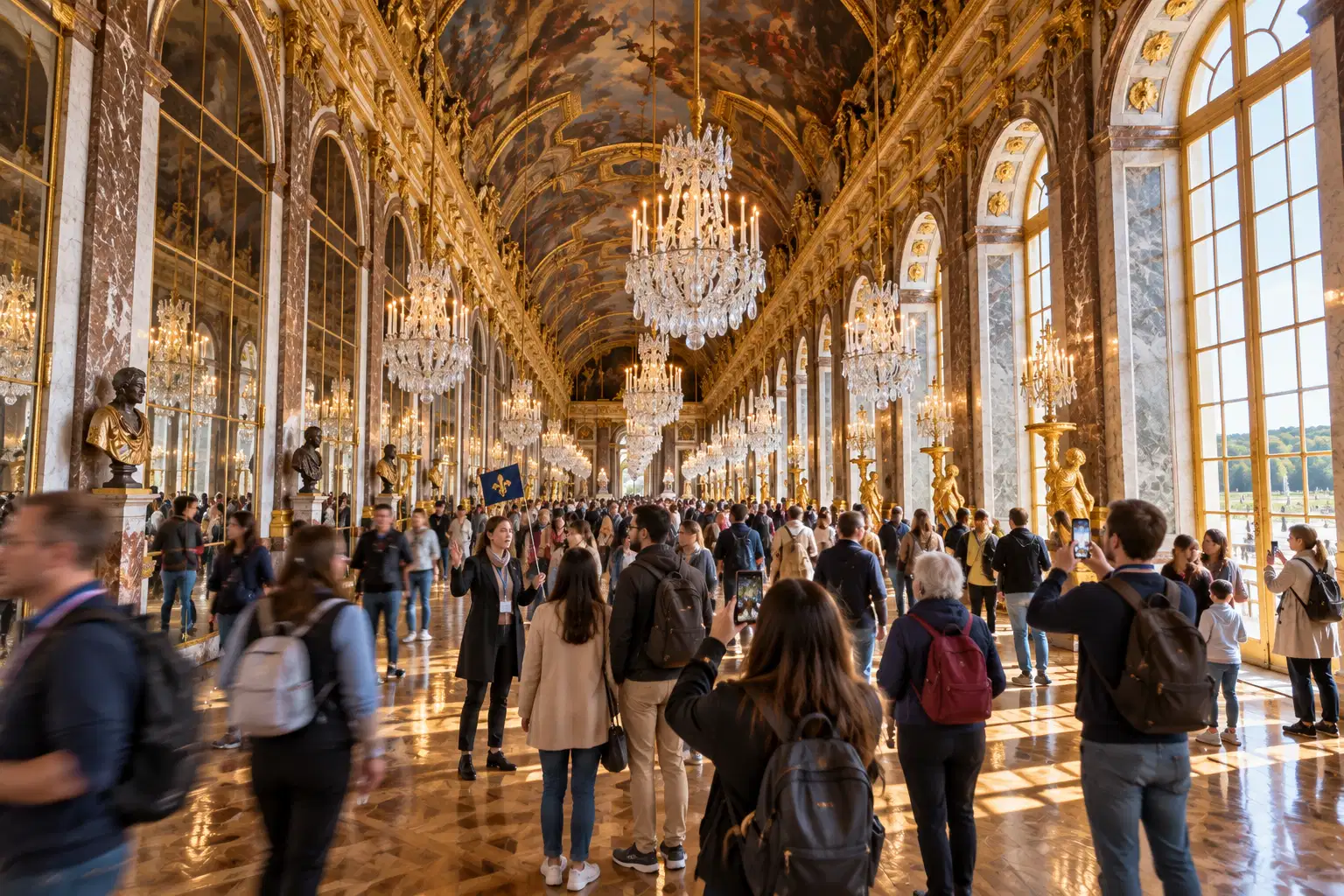 Visitors in the Hall of Mirrors at Versailles