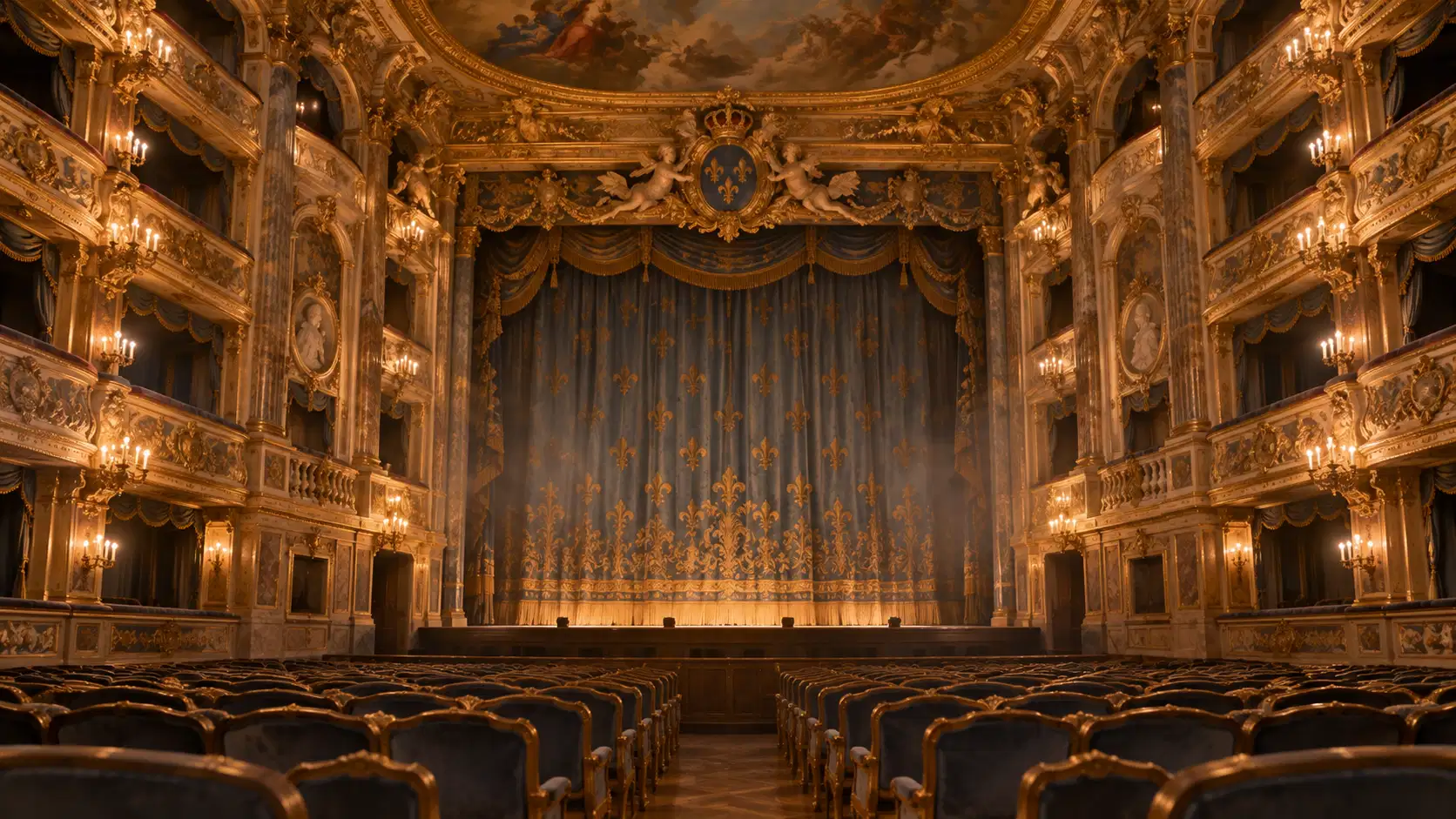The Royal Opera of Versailles, empty and lit by candlelight
