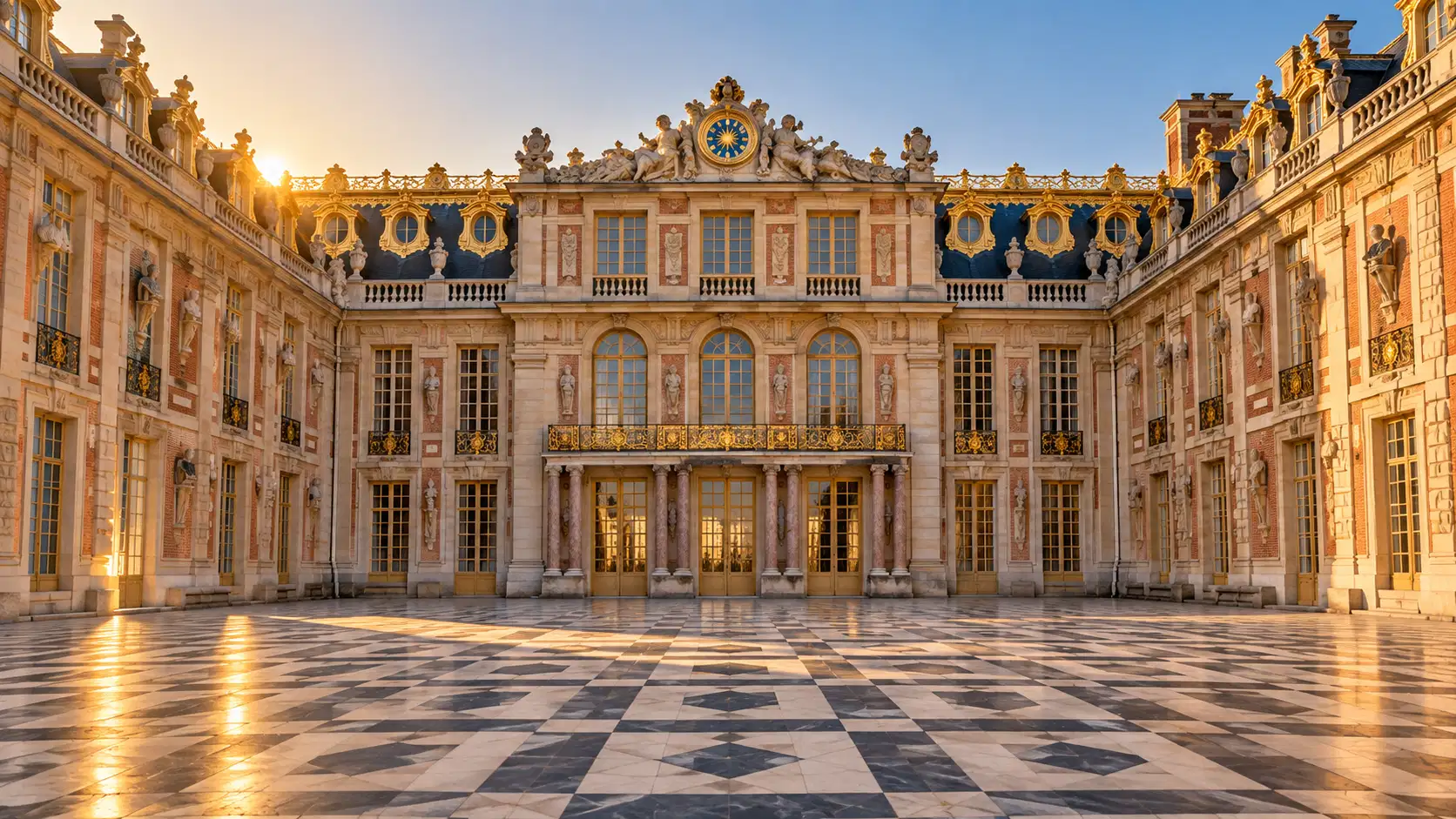 The Marble Courtyard of the Palace of Versailles in early morning light