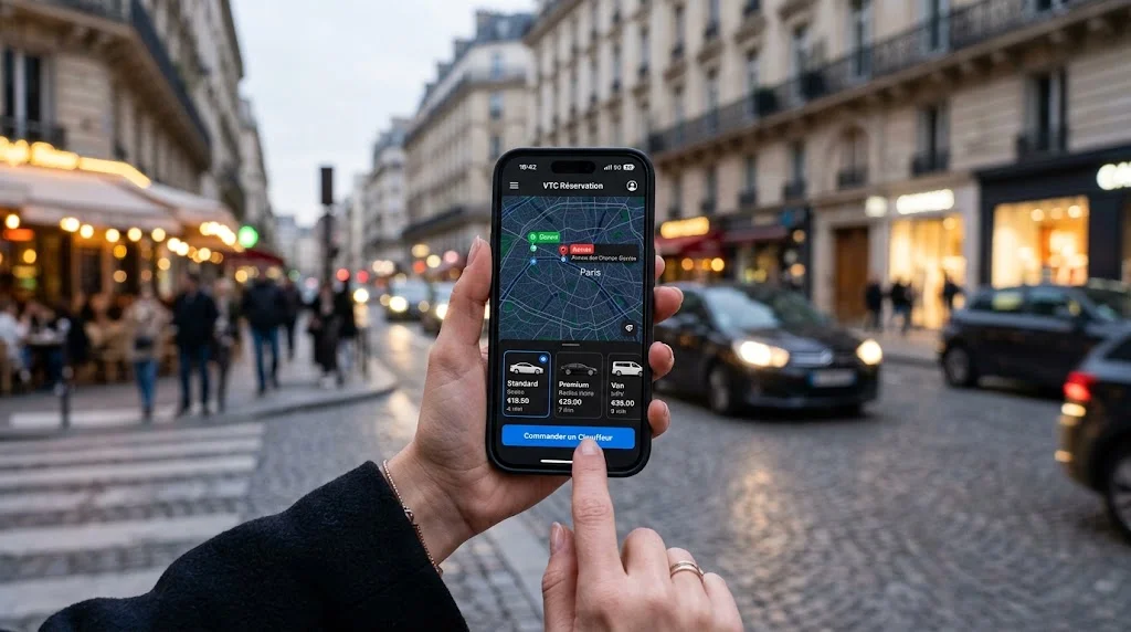 Une main tenant un smartphone affichant une application de réservation de voiture dans une rue de Paris