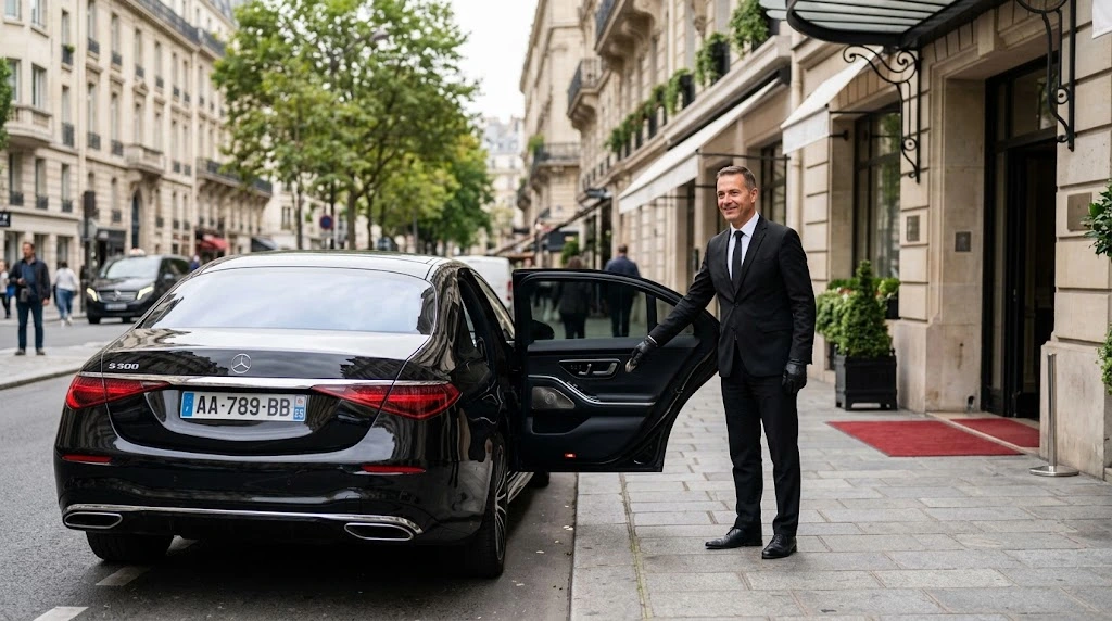 A chauffeur in a suit holding the rear door of a black Mercedes outside a Paris hotel