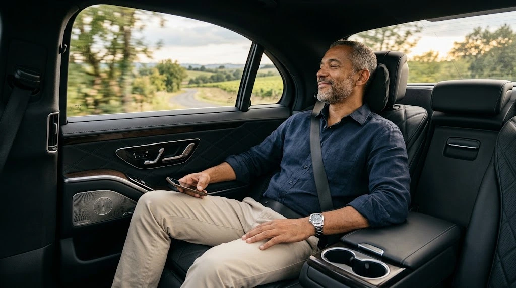 Un passager détendu à l’arrière d’une voiture avec chauffeur