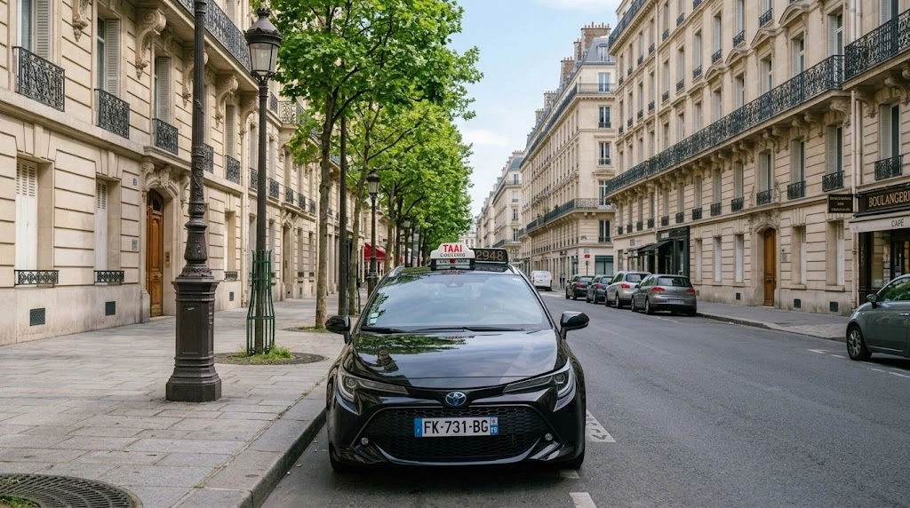 Un taxi parisien, lumineux allumé, garé dans une rue haussmannienne