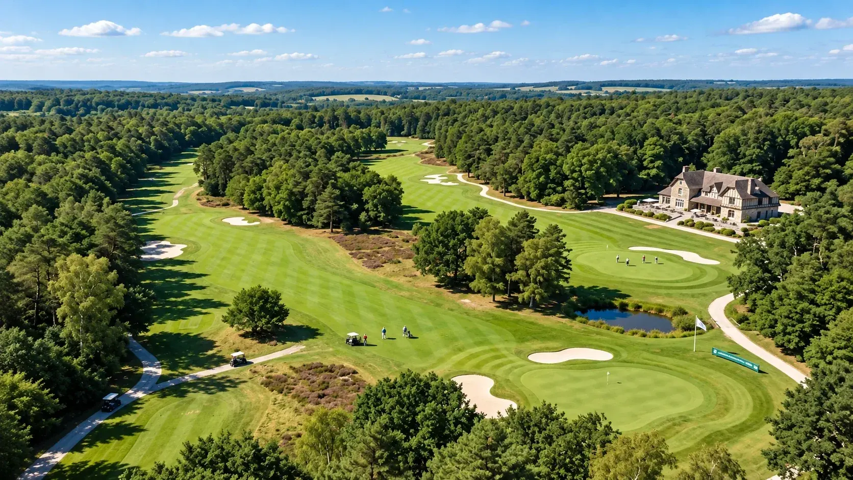 A fairway lined with mature trees on a private course near Paris