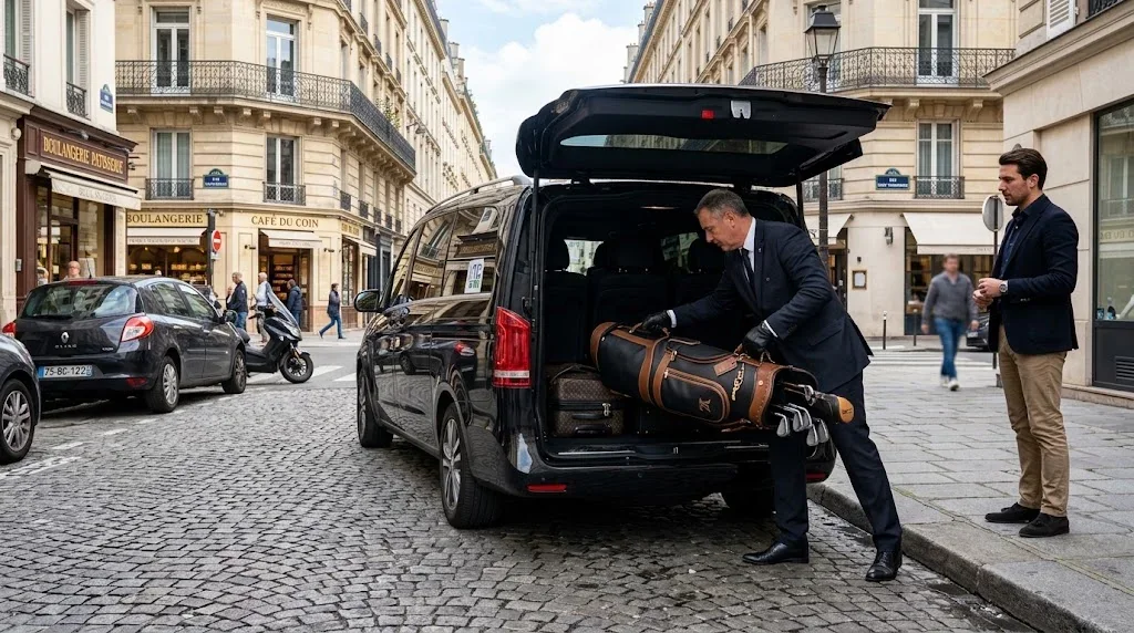 A chauffeur loading a golf bag into a Mercedes V-Class