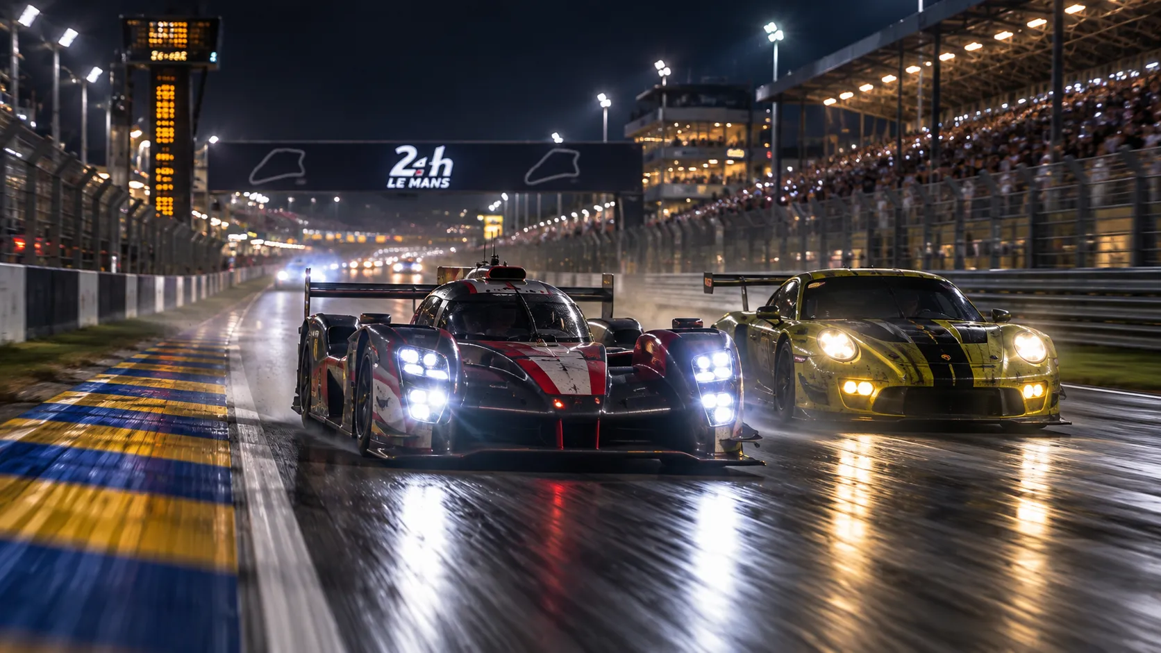 Prototype racing cars at night on the Circuit de la Sarthe at Le Mans