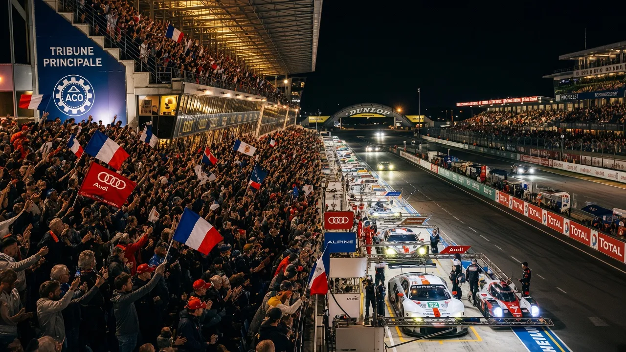 Grandstands and pit straight at the Circuit de la Sarthe during the Le Mans 24 Hours