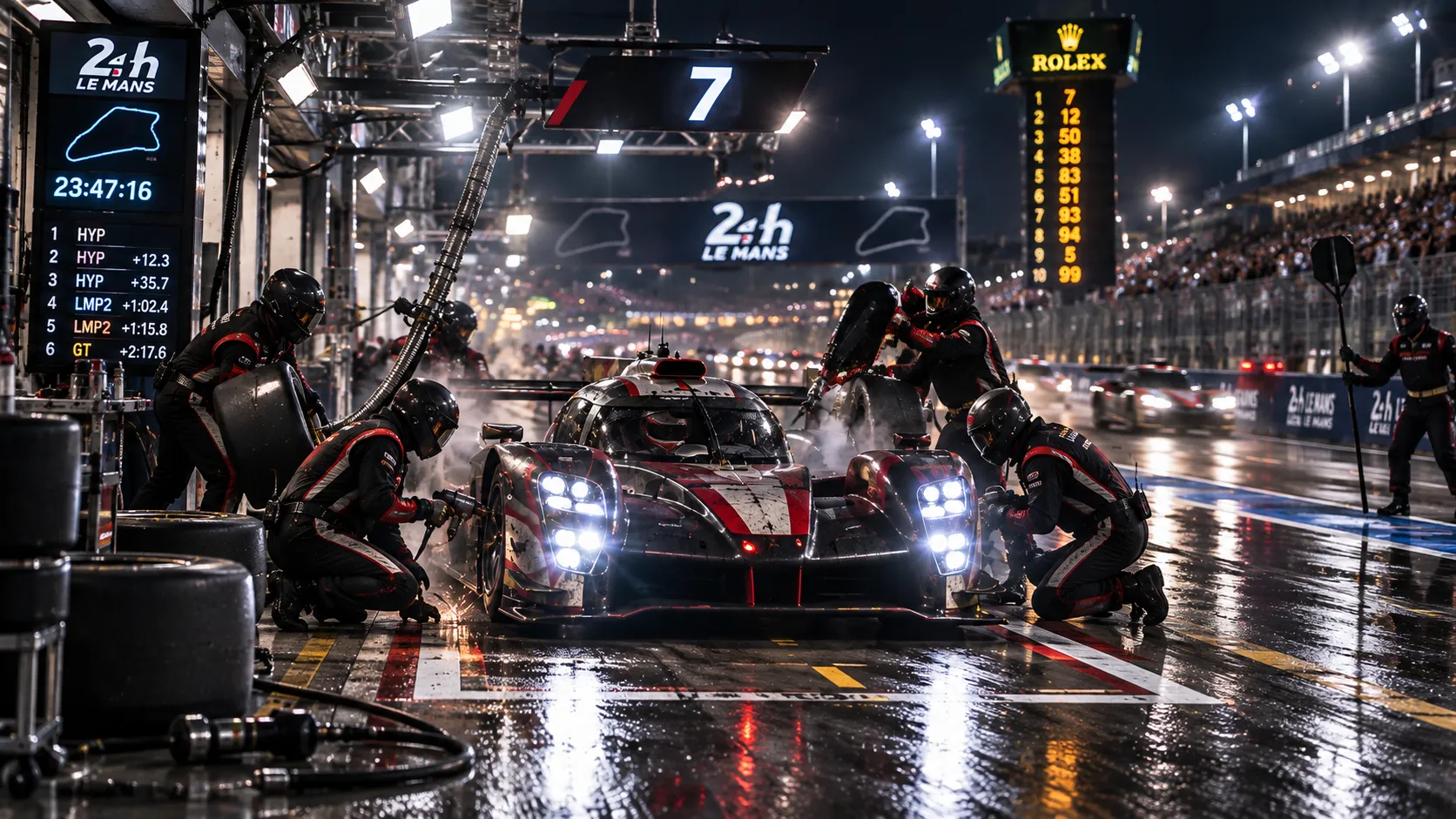A pit stop under the floodlights during the Le Mans 24 Hours