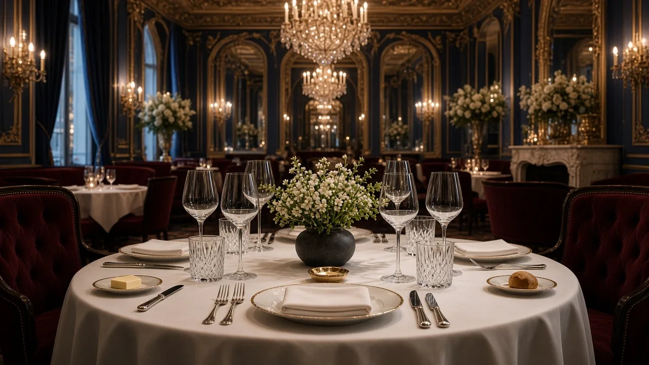 Table set for fine dining at a Michelin-starred restaurant in Paris