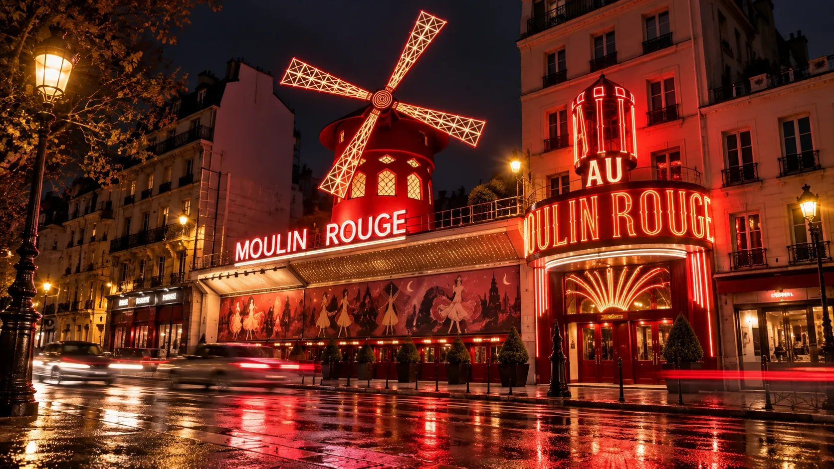 The Moulin Rouge illuminated at night in Paris