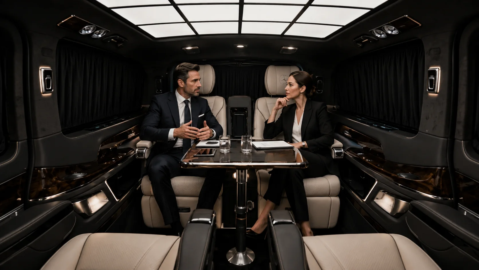 Executive van interior configured as a mobile boardroom