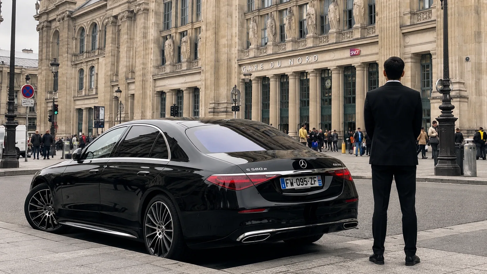 Luxury sedan waiting outside a Paris railway station