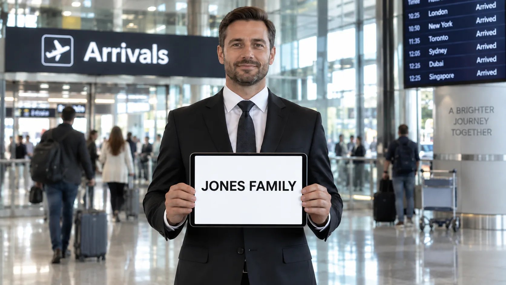 Chauffeur holding a name board in an airport arrivals hall