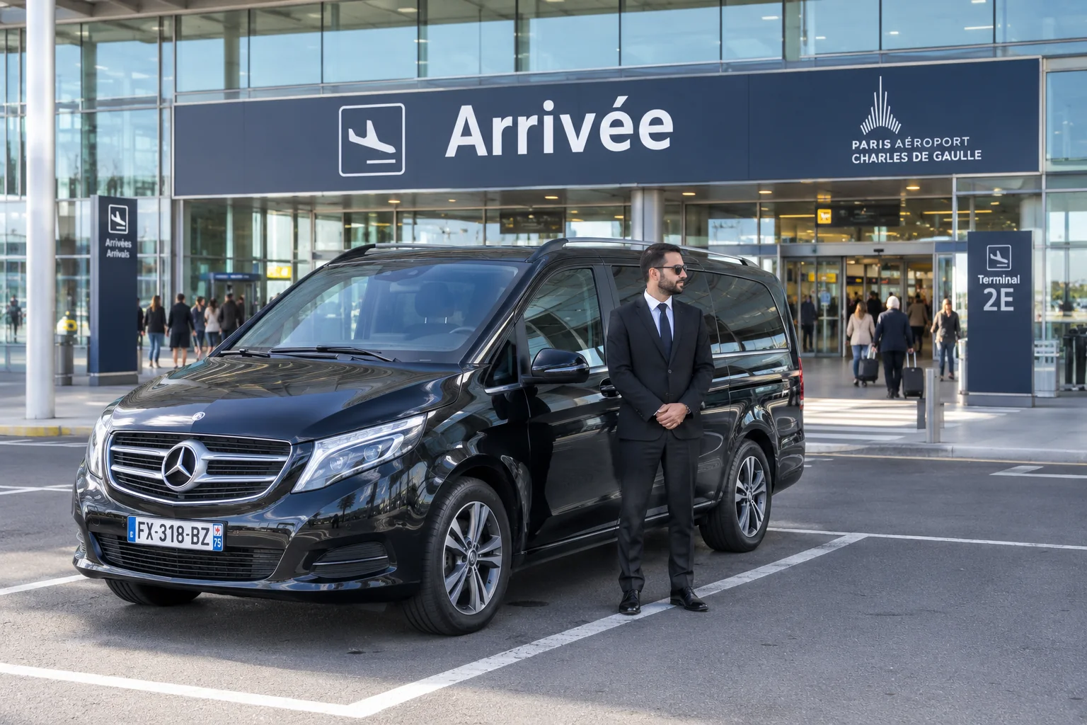 A chauffeur waiting in the arrivals hall at Charles de Gaulle airport